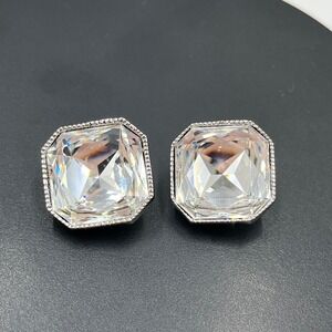 ST.JOHN Vintage Asscher‎ Look Huge Diamante Rhinestone Mirror Clip On Earring